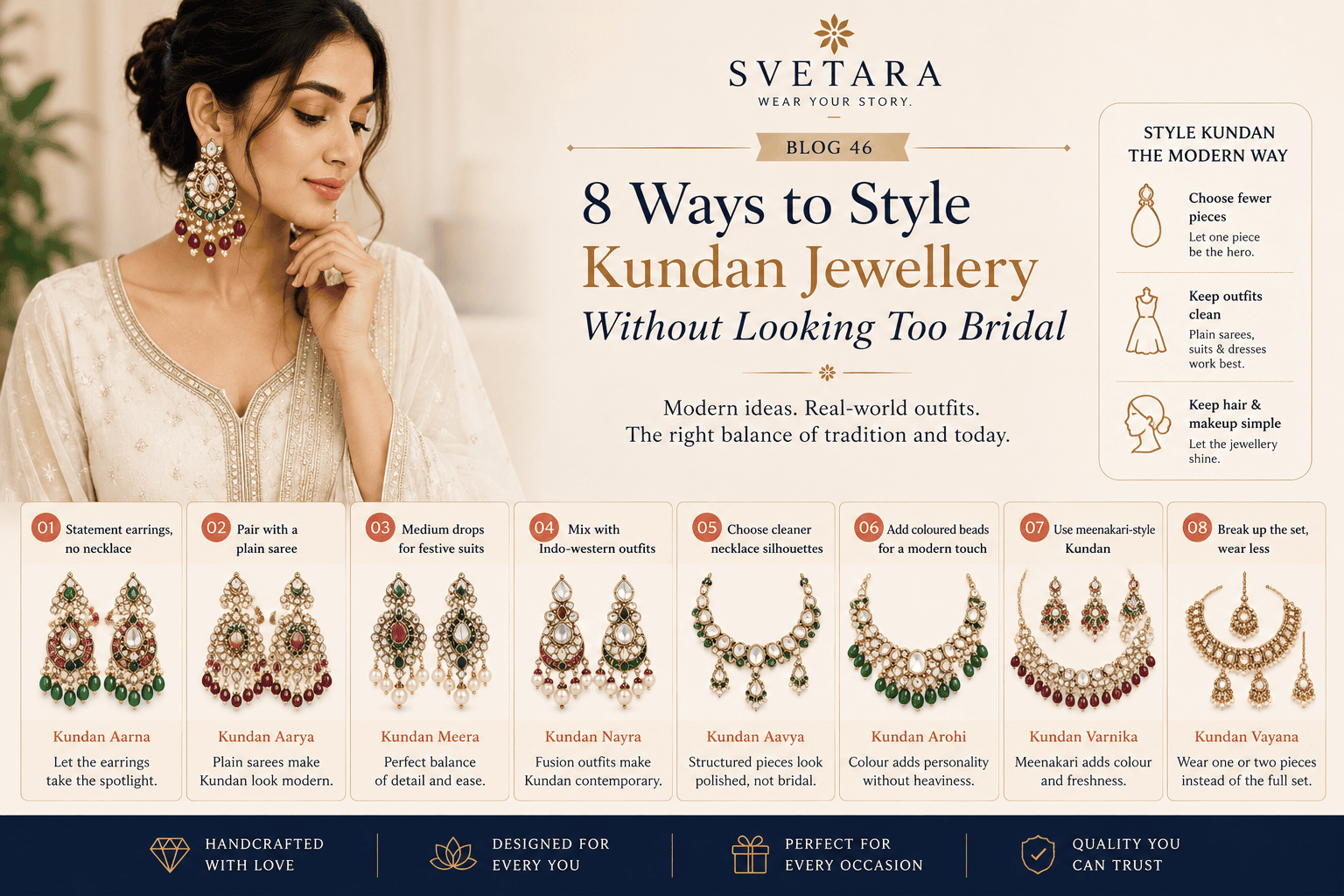 Love Kundan but don’t want a full bridal look? Discover 8 modern ways to style Kundan earrings and necklaces with sarees, suits, dresses and Indo-western outfits without looking overdone.